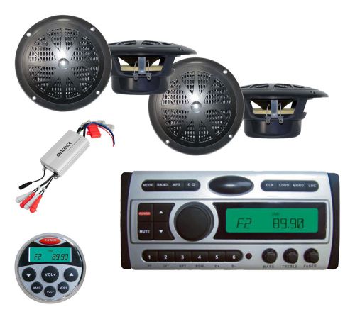 Boat plcdmr97 cd am/fm radio+800w amp, marine remote,4x black 4&#034; black speakers