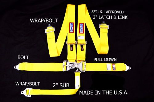 Rjs racing sfi 16.1 5 pt latch &amp; link floor mount harness belt yellow 1130206