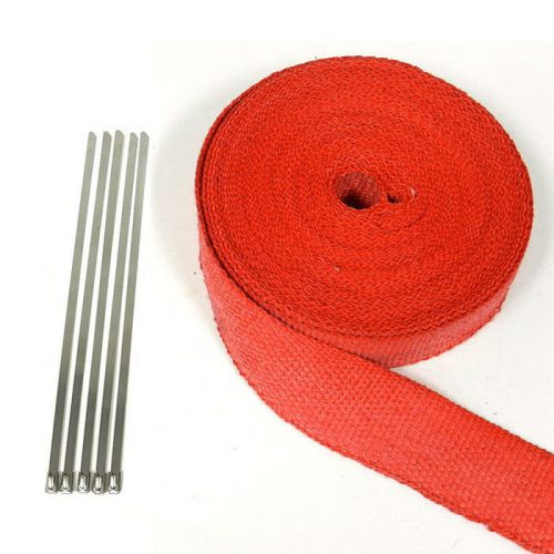 New red 2&#034;x25&#034; turbo manifold heat exhaust wrap tape +stainless tie durable