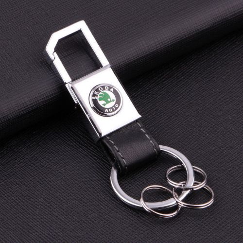 Car logo genuine leather metal alloy 3 ring keychain ring key holder for skoda