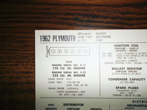 1962 plymouth six series savoy belvedee &amp; fury models 170 &amp; 225 l6 tune up chart