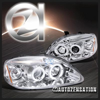 99-00 honda civic chrome led drl halo projector headlights