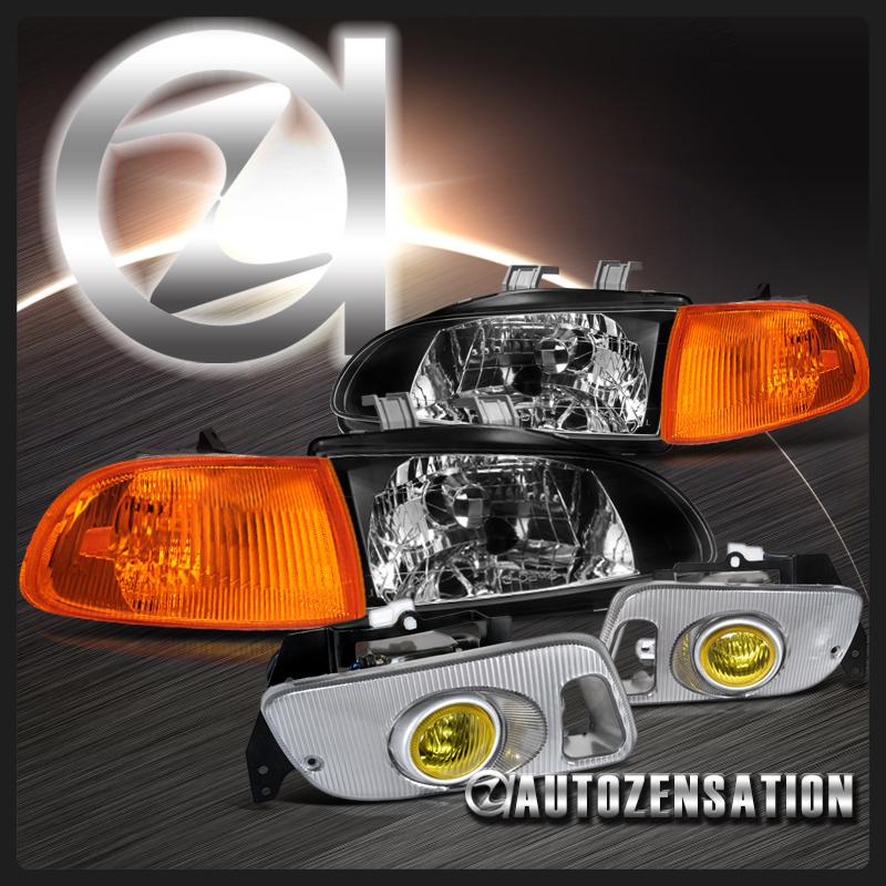 92-95 civic 2/3dr jdm black headlight w/ amber corner lights+yellow fog lights