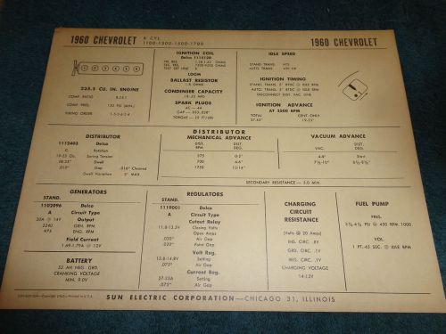 1960 chevrolet full-size 6cyl car tune-up chart / free shipping!!