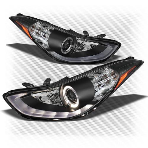 Fit 11-13 elantra black drl-led-light-tube halo projector headlights upgrade set