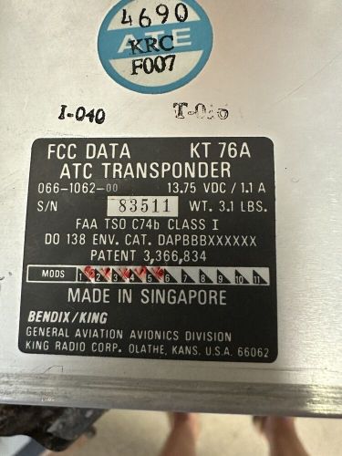 Bendix king kt 76a atc transponder with tray p/n 066-1062-00 tested