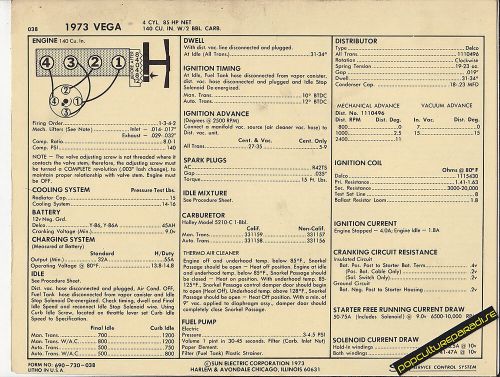 1973 chevrolet vega 4 cylinder 85 hp / 140 ci car sun electronic spec sheet