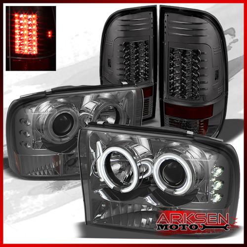 99-04 f250/350 smoke 1p ccfl halo projector headlights+g2 smoked led tail lights