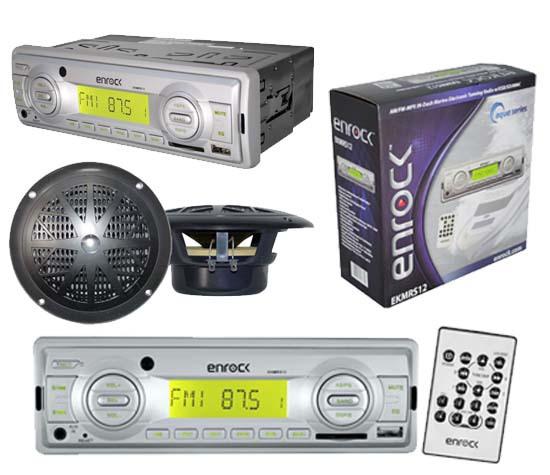 Ekmrs12 in dash marine boat mp3 usb aux sd radio receiver & 2 black speakers pkg