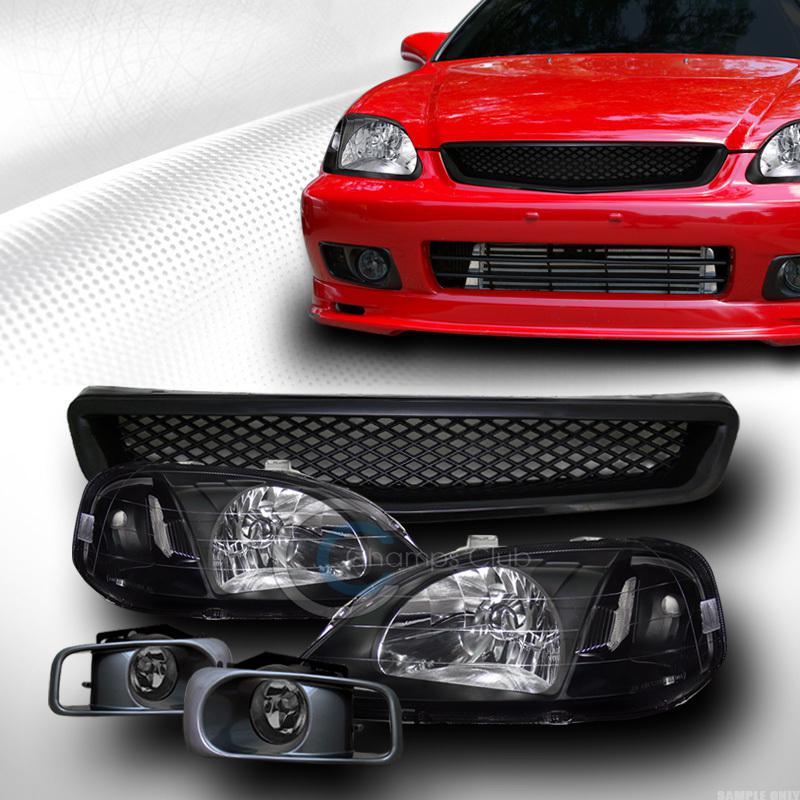 Jdm blk head lights dy+grill grille abs+fog lamps smoke 99-00 honda civic ek ek9