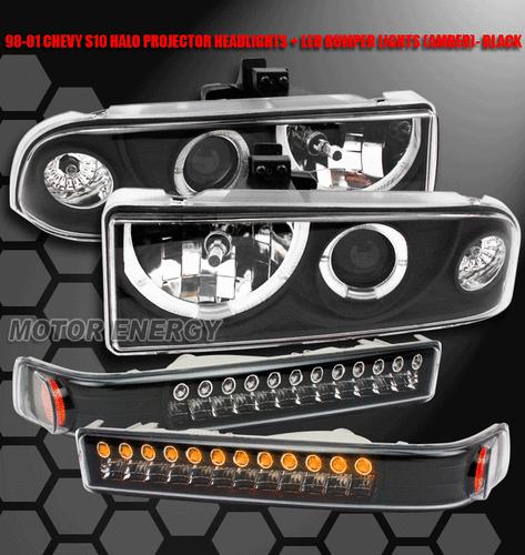 1998-2004 chevy blazer s10 halo projector head lights+led bumper black 2002 2003