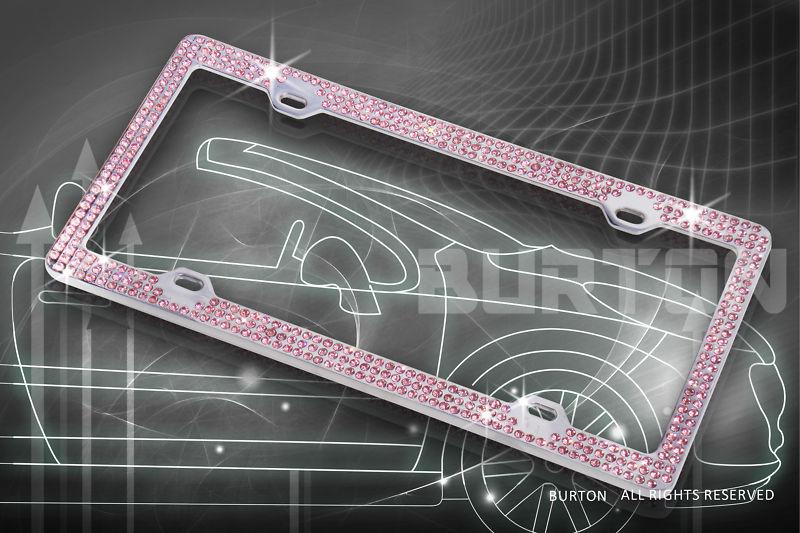 Bling 3 rows pink-a type cap real crystal embedded chrome license plate frame
