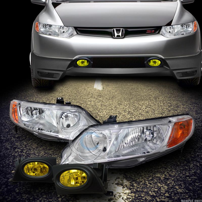 Chrome head lights amber dy+fog lamp w/switch yellow 06-08 honda civic 4dr sedan