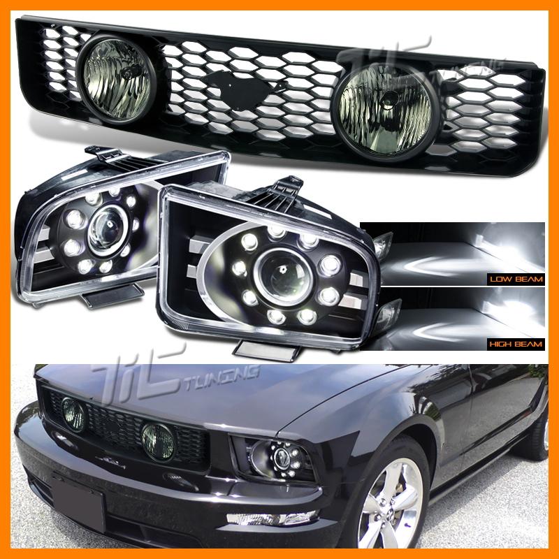 05-09 ford mustang black projector headlights smoke fog lamp grille w/emblem