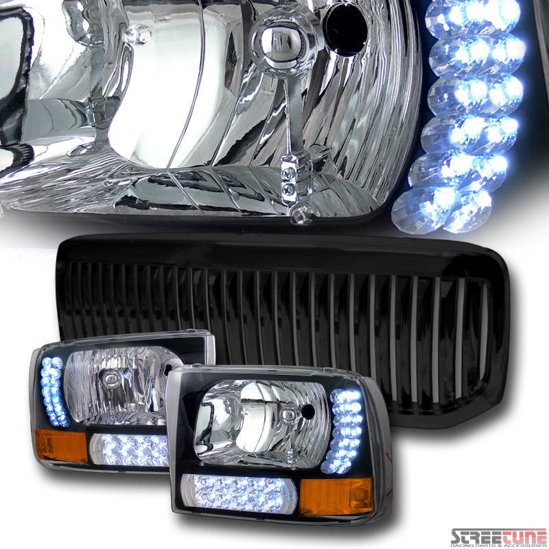 Black drl led headlights+signal amber aw+vertical grill grille 99-04 ford f250