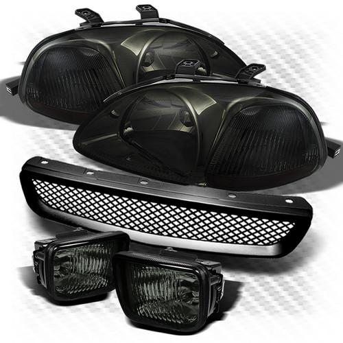 96-98 civic smoked crystal headlights + sport grille + smoked fog lights combo