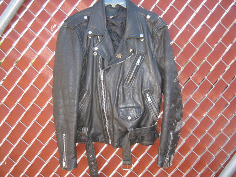 Mens black leather motorcycle jacket size 42  used  genuine cowhide coat 