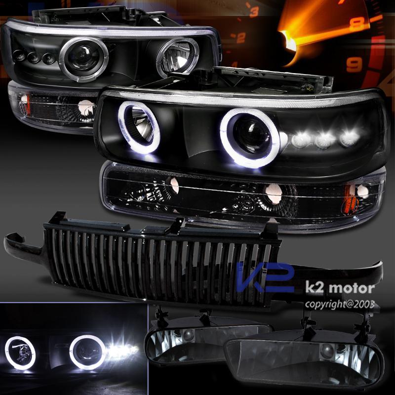 Blk silverado tahoe halo projector headlight+bumper+smoke fog lamp switch+grill