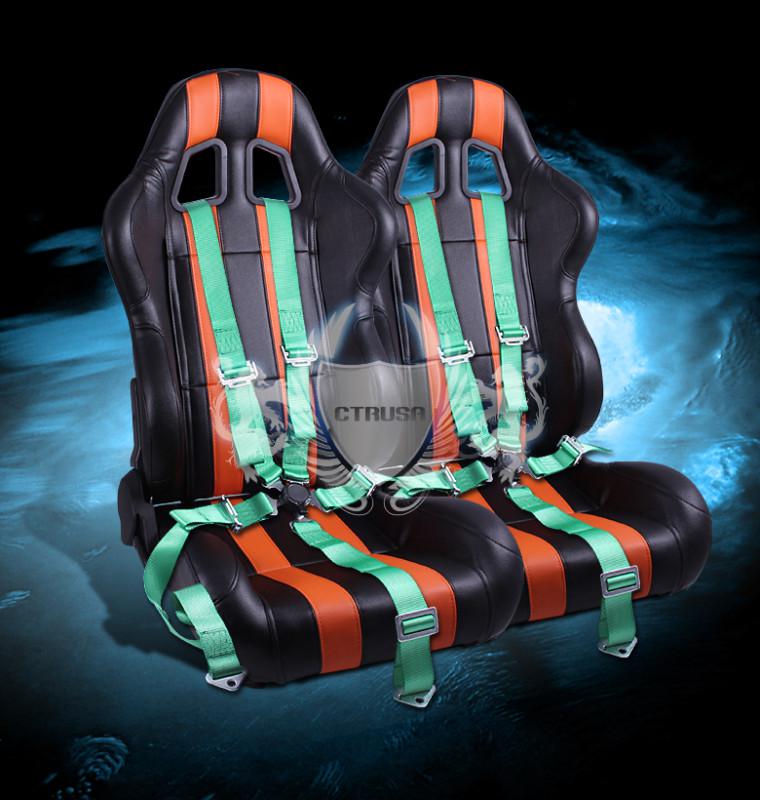 2x blk/orange stripe pvc/vinyl racing bucket seats+5-pt greencamlock strap pair