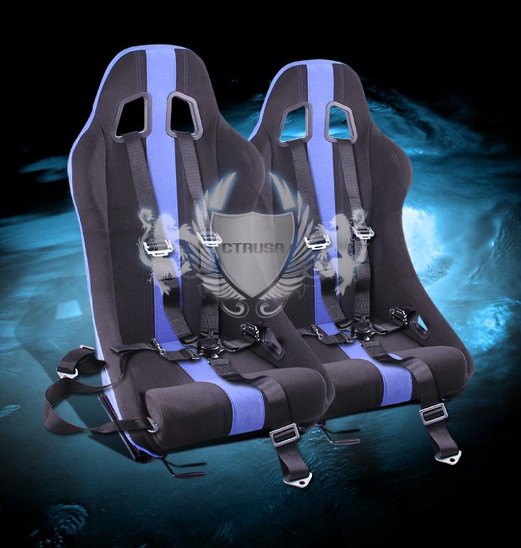 2x black/blue stripe fabric sport racing bucket seats + 5-pt belt camlock strap