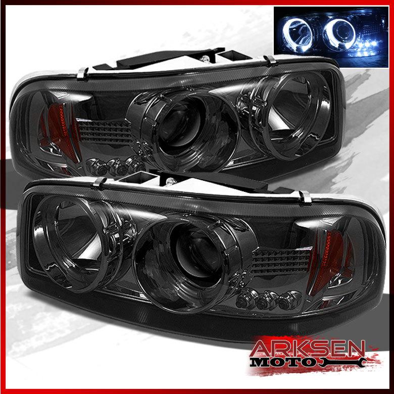 Smoked 00-06 gmc yukon sierra halo projector led headlights lights pair set