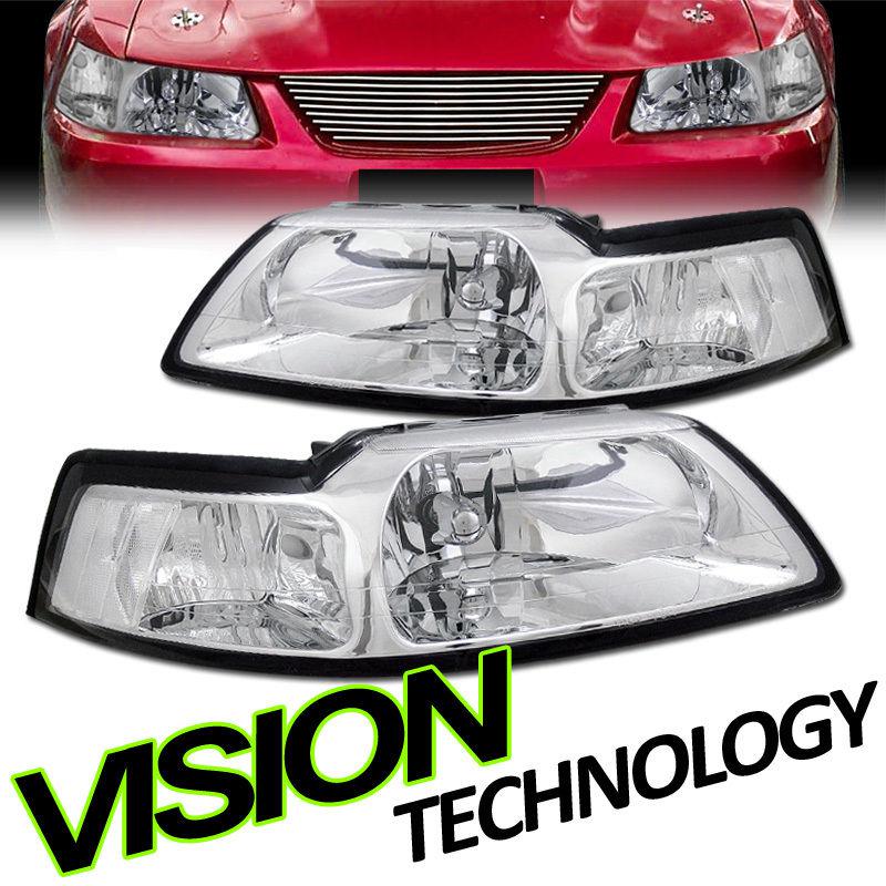 Clear reflector 99-04 mustang v6/v8 chrome housing headlights headlamps assembly