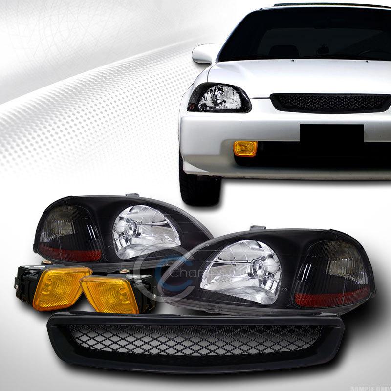 Jdm blk head lights amber dy+grill grille abs+fog lamp yellow 96-98 civic ek ek9