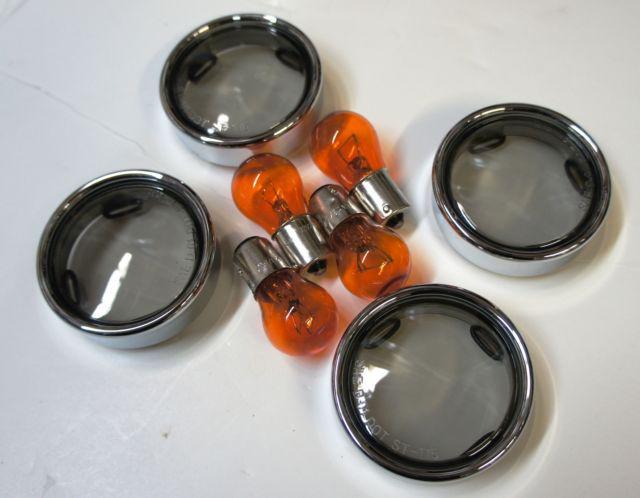 Smoke bullet turn signal lens kit with chrome trim rings 00-12 harley models