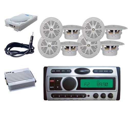 Marine pyle cd mp3 am/fm radio+antenna, amp, 8&#034; subwoofer, 8x 4&#034; white speakers