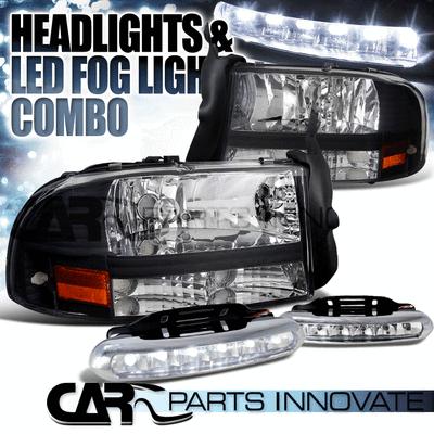 97-04 dodge dakota durango crystal black 1pc headlights lamp+led fog bumper drl