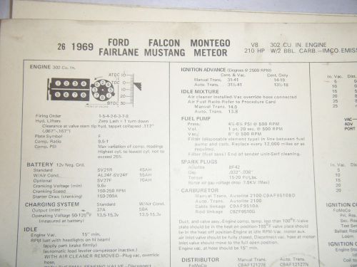 1969 ford mustang falcon 302 cu in 210 hp 2 bbl carb sun tune up specs sheet