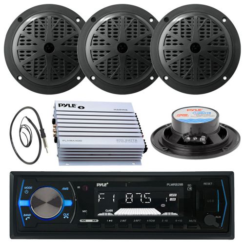 Black marine 4&#034; speakers, 400w amplifier, antenna, plmrb29b black usb aux radio