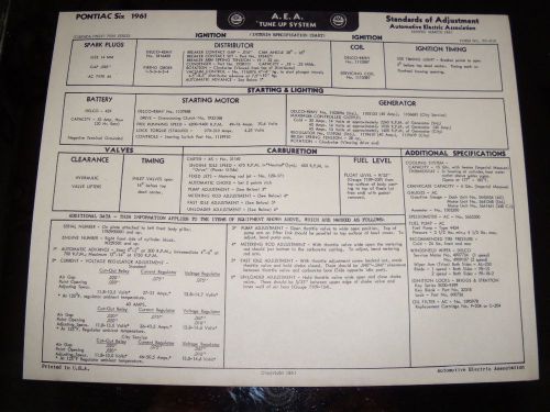 1 x vintage aea,1961 pontiac canada, 6cyl,tune up chart-laurentian,parisienne,