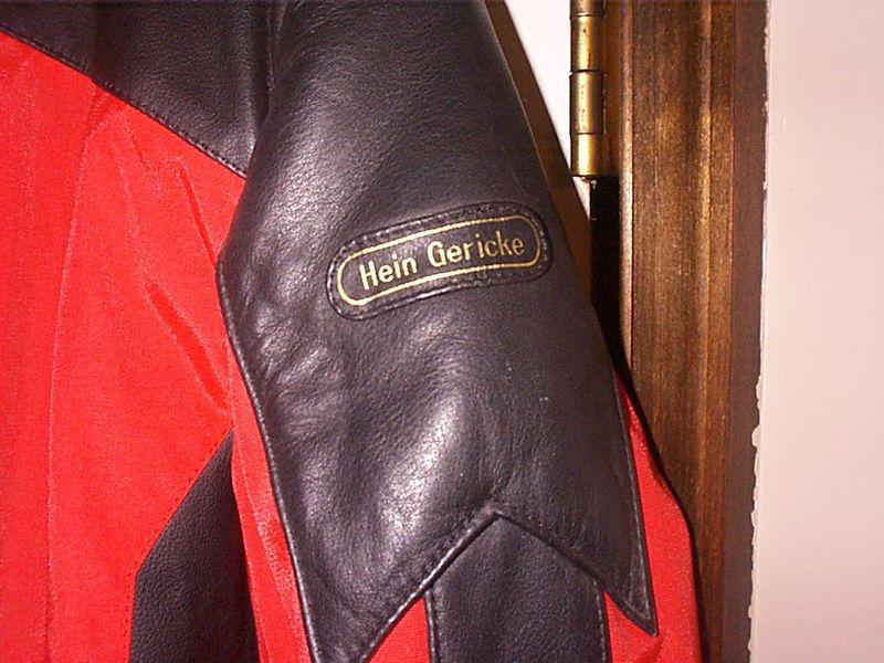 Hein gericke leather and cordura motorcycle jacket cafe style collar red black