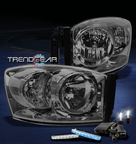 06 07 08 dodge ram 1500 2500 3500 smoke crystal head light w/blue drl led+6k hid