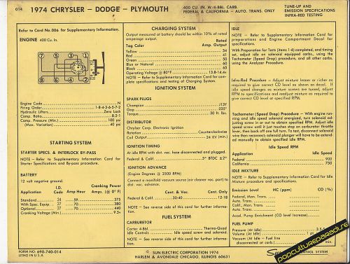 1974 dodge plymouth chrysler 400 / ci 4 bbl car sun electric spec sheet