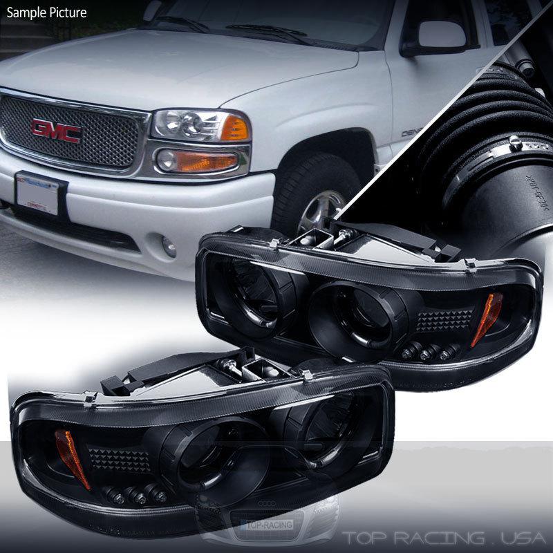 Black led dual halo projector headlights pair for sierra / yukon / denali