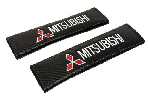 Set of black carbon look embroidery seat belt cover shoulder pads for mitsubishi