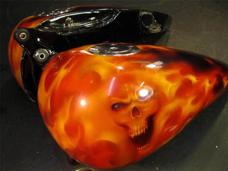 Harley davidson fat boy custom paint flames skulls tank fuel gas dual fill hd