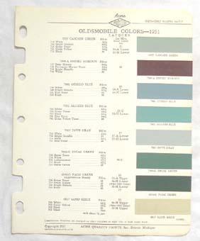 1951  oldsmobile acme  color paint chip chart all models original 