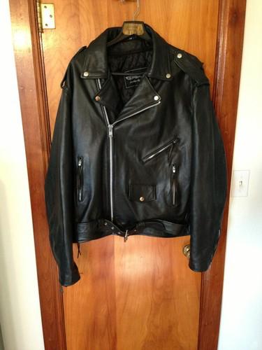 Mens unik classic black leather belted motorcycle jacket, size 54 with liner