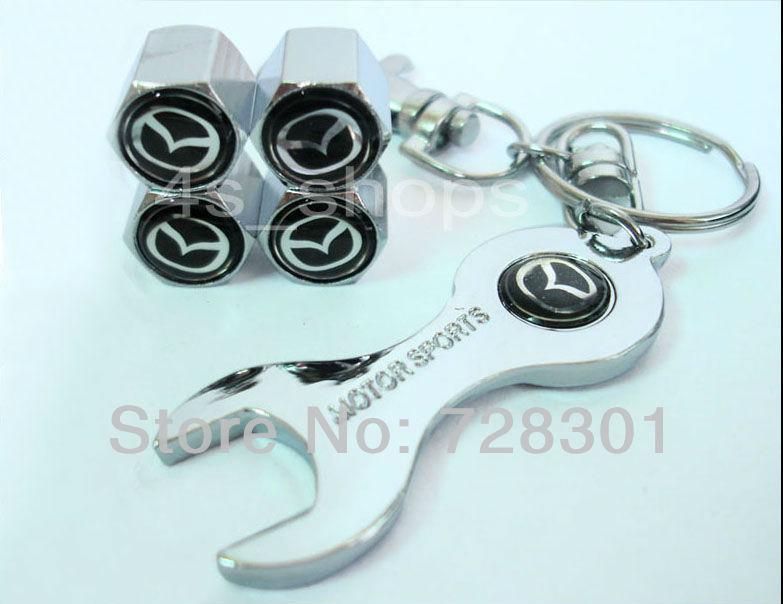 Tire valve caps with mini wrench & keychain for mazda (4-piece pack)