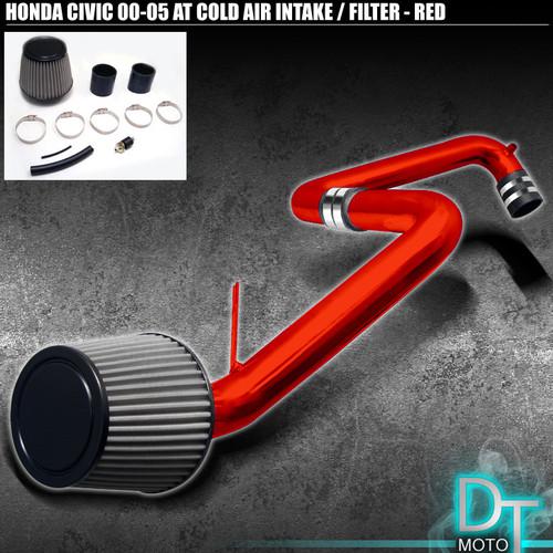 Stainless washable cone filter + cold air intake 01-05 honda civic red aluminum