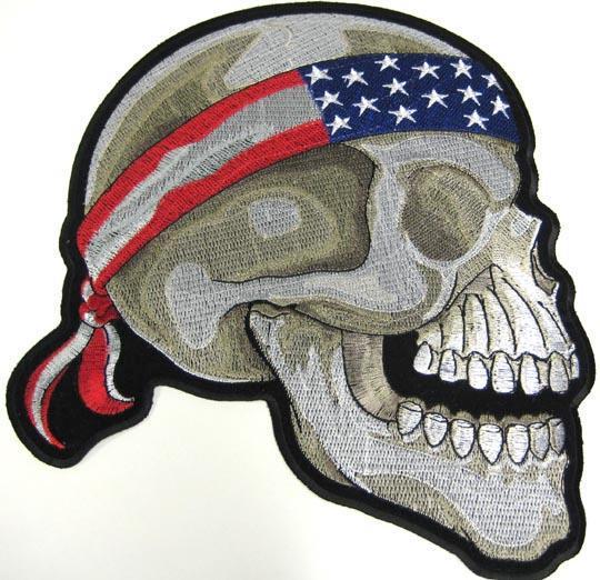 American flag bandanna skull biker vest patch 10 inch x 9 inch