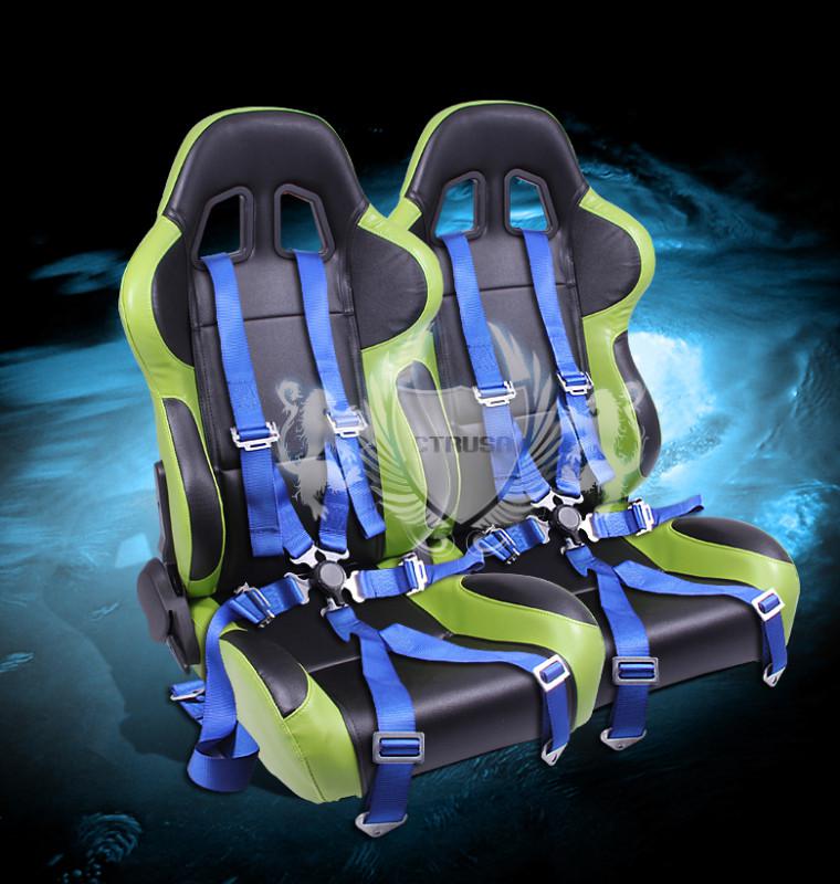 2x universal blk/green turino type-r racing seat+6-pt blue camlock harness belt