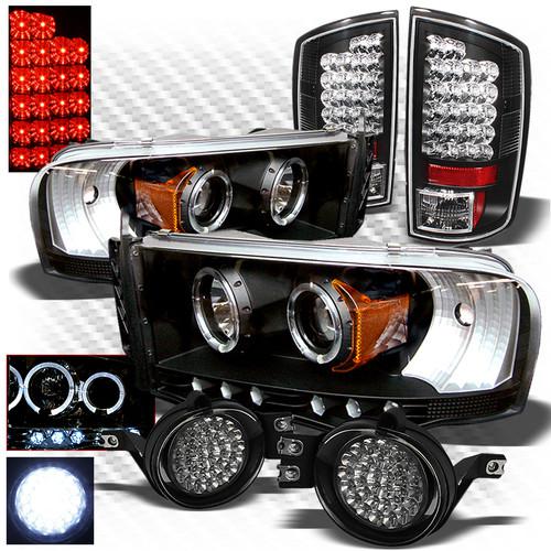 02-05 ram 1500, 03-05 2/3500 black headlights + led tail lights + led fog lights