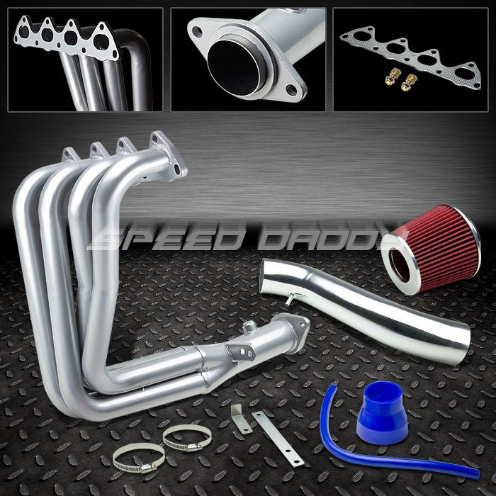 Racing silver header exhaust+short ram air intake+red filter 94-01 integra gsr/r