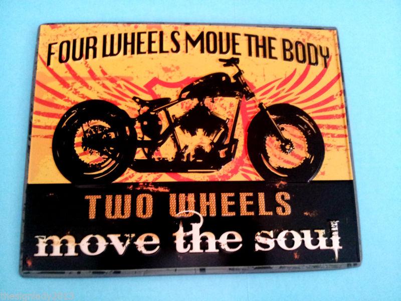 Motorcycle metal sign "two wheels move the soul" garage art harley indian biker