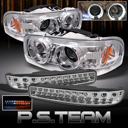 99-06 gmc yukon sierra halo projector chrome headlights+led signal bumper lights