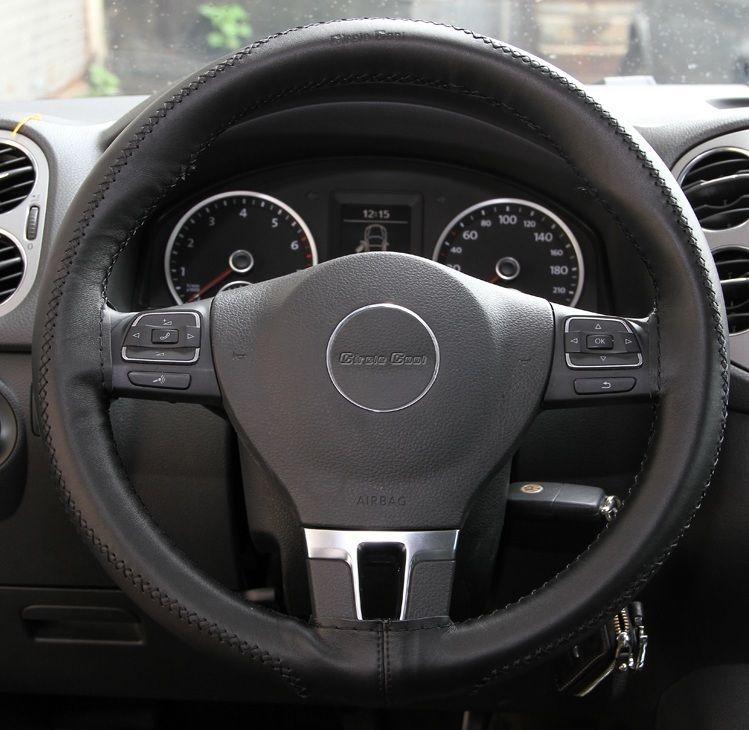 Black leather steering wheel stitch wrap cover w/needle & thread diy chevy dodge